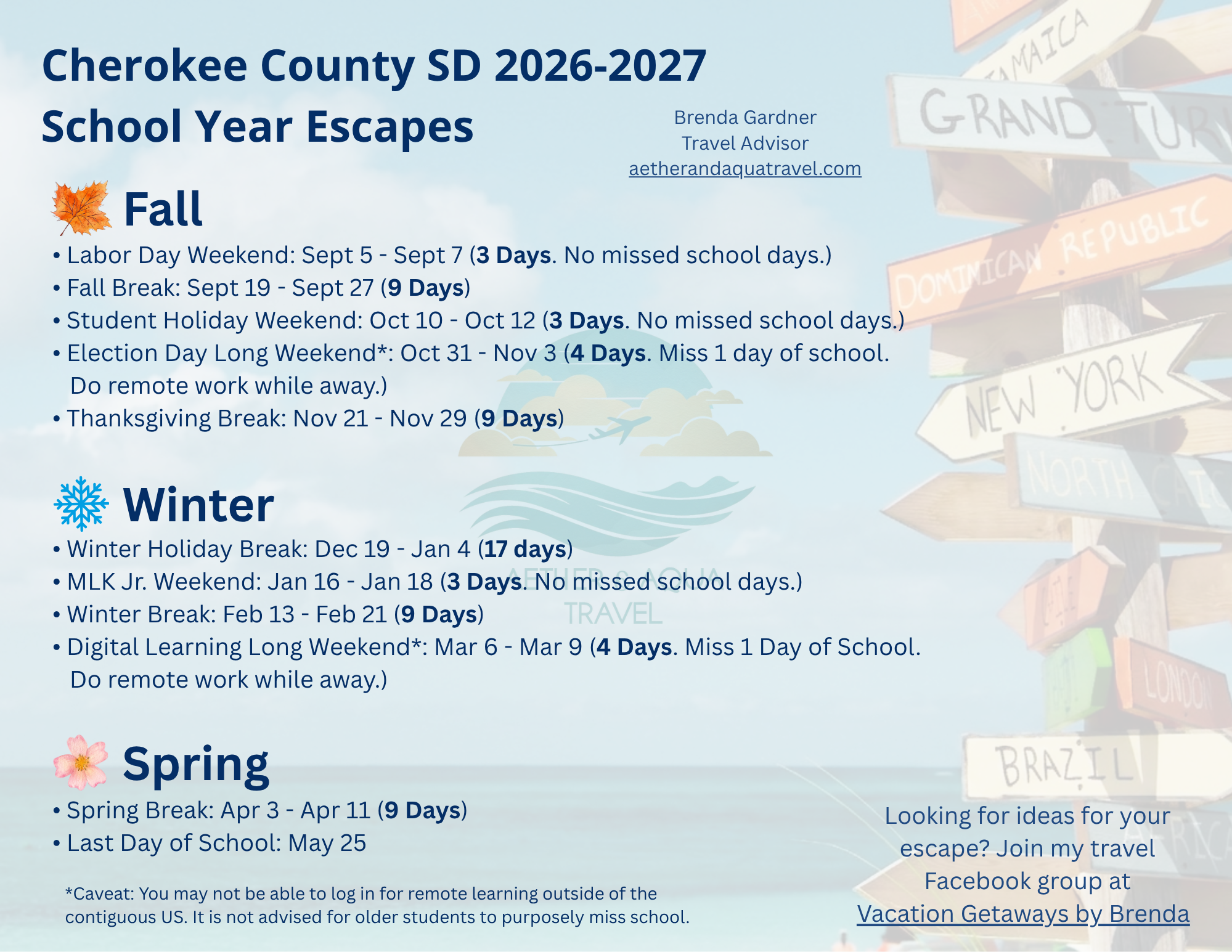 Cherokee County School District 2026-2027 School Getaways